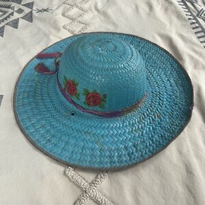 Vintage Blue Straw Sun Hat with Floral Detail